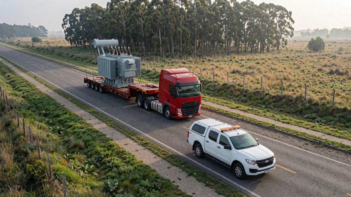 Carretón de muchos ejes tirado por un camión rojo con un transformador industrial y una camioneta de escolta con balizas en una ruta pampeana, visto desde arriba
