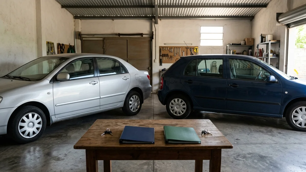 Dos autos usados de perfil con dos carpetas y dos juegos de llaves para una permuta
