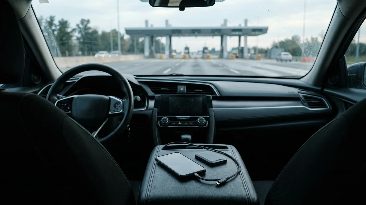 Teléfono sin marcas dentro de un automóvil estacionado en una escena de seguridad digital
