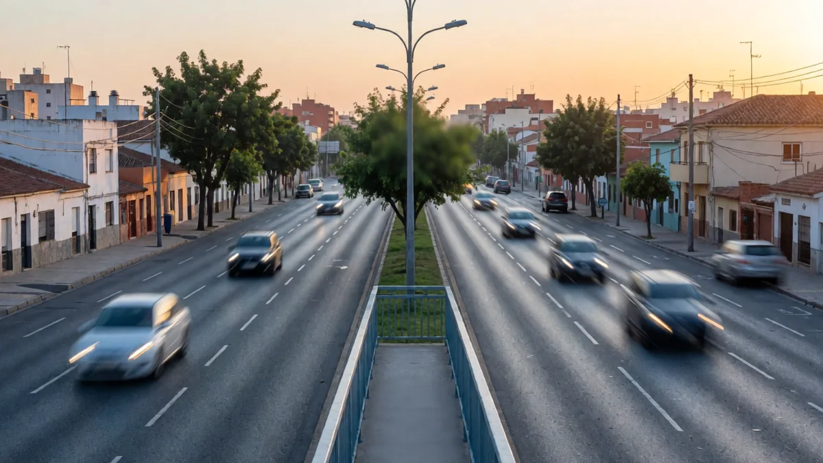 Avenida de circunvalación al atardecer con cantero central arbolado y tránsito en ambos sentidos