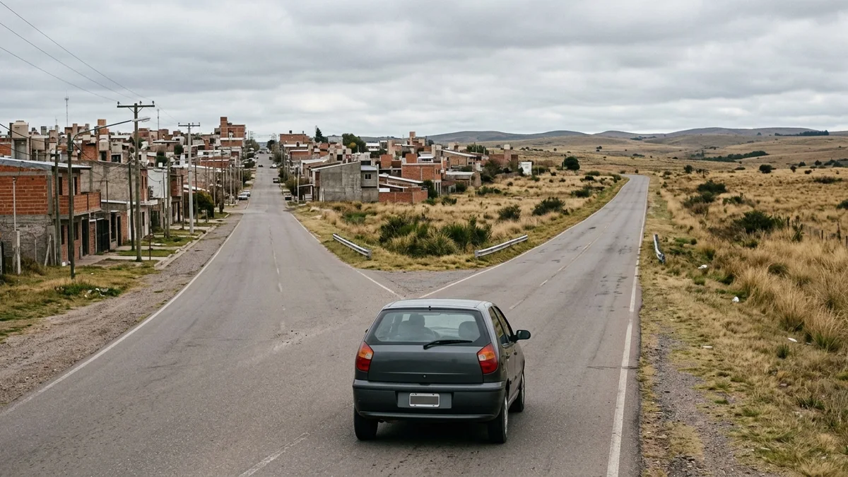 Automóvil frente a una bifurcación entre una zona urbana y una ruta rural argentina
