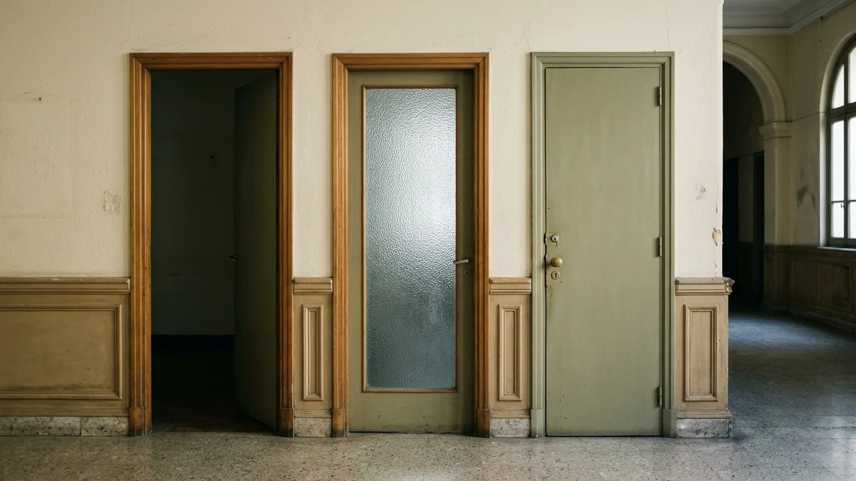 Tres puertas institucionales que representan acceso libre, protegido y autenticado