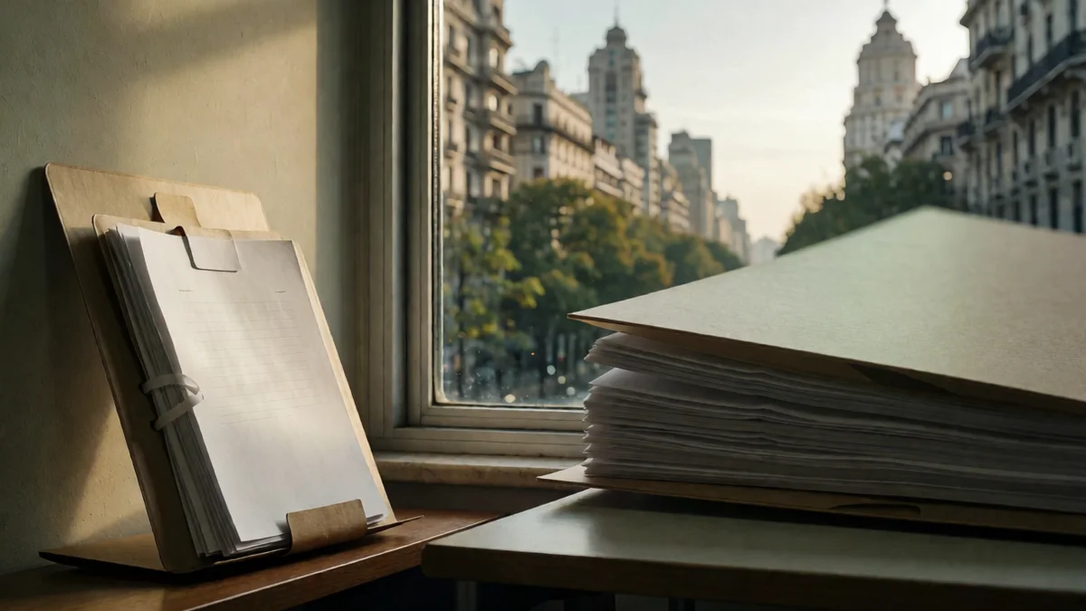 Carpeta de expediente con hojas en blanco sobre un escritorio, frente a una ventana que da a una avenida arbolada de Buenos Aires.