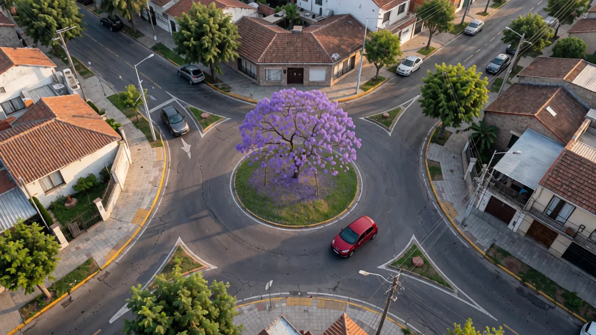 Rotonda de barrio con un jacarandá florecido en la isla central, un auto rojo que circula y otro gris que espera en el ingreso, vista desde un dron.