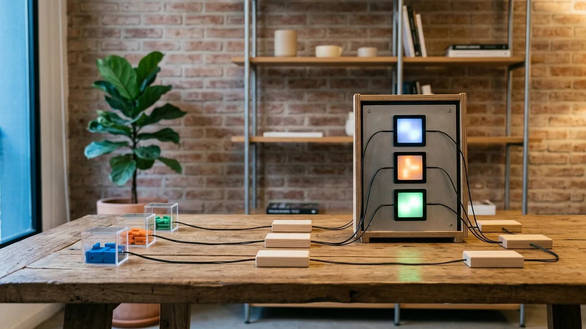 Tres cajas de fichas conectadas por cables a un panel de datos con tres luces