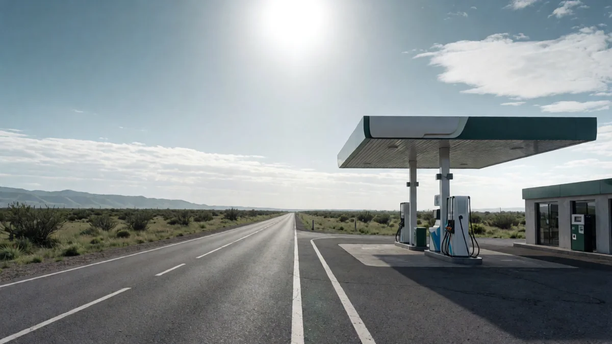 Estación de servicio sin carteles junto a una ruta provincial recta entre campos de monte bajo