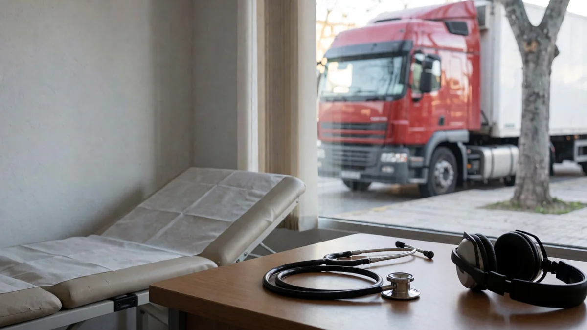 Consultorio médico con estetoscopio, auriculares de audiometría y camilla; por la ventana se ve la cabina roja de un camión estacionado junto a un árbol