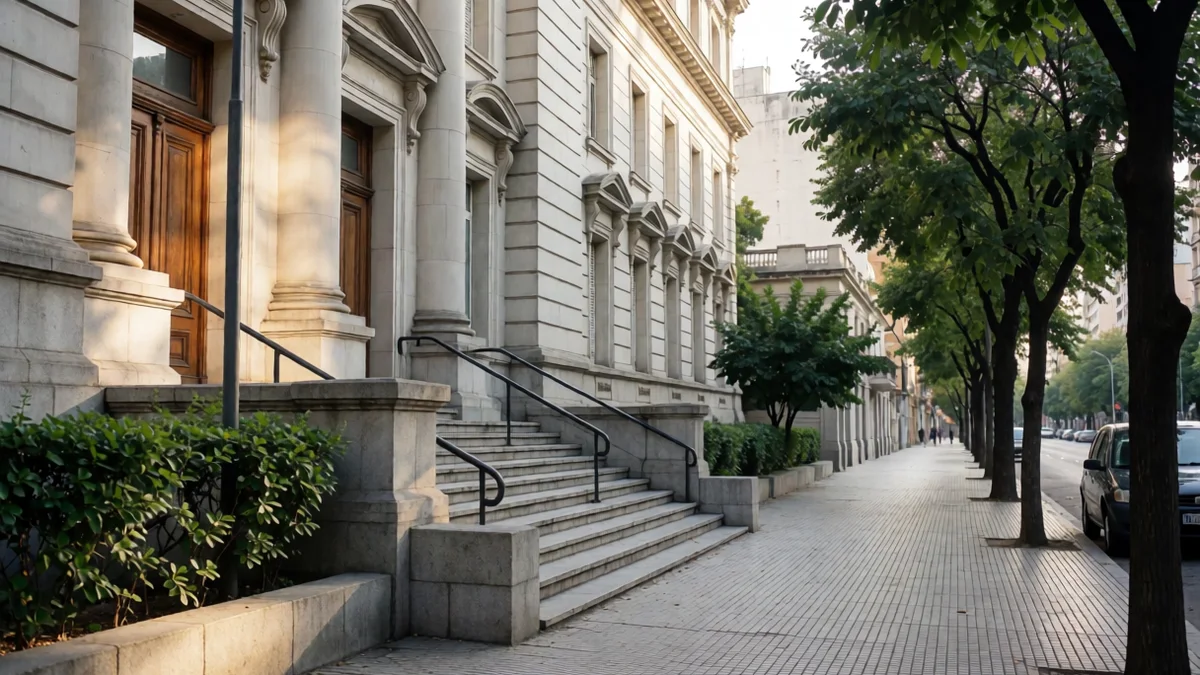 Frente de un edificio de tribunales de estilo clásico con escalinata de piedra y columnas, y un auto estacionado en la vereda.
