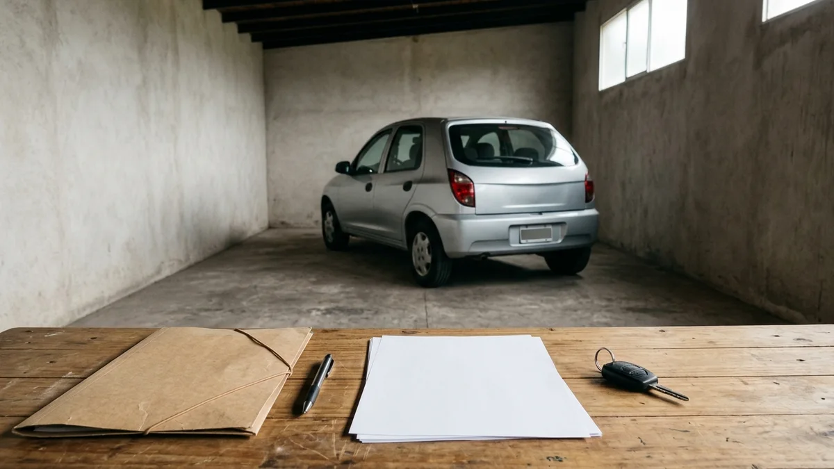 Automóvil usado en un garaje junto a una carpeta, llaves y hojas en blanco