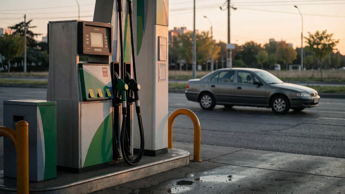 Surtidor de nafta en una estación de servicio al atardecer, con un auto estacionado detrás