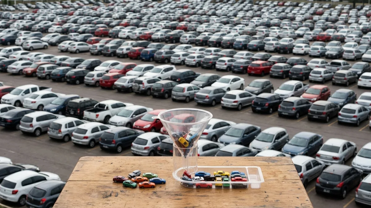 Pequeña muestra de autos a escala frente a un estacionamiento mucho mayor