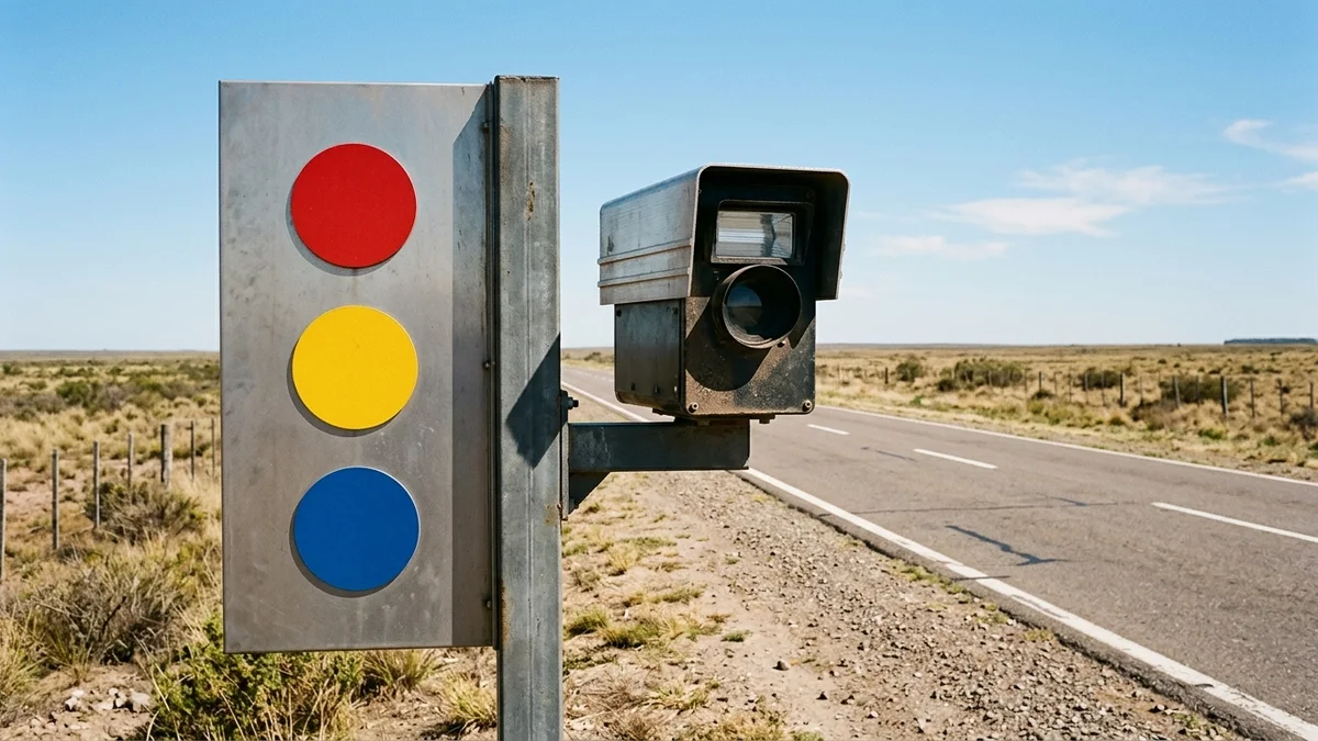 Radar vial y panel con tres discos de colores junto a una ruta argentina vacía