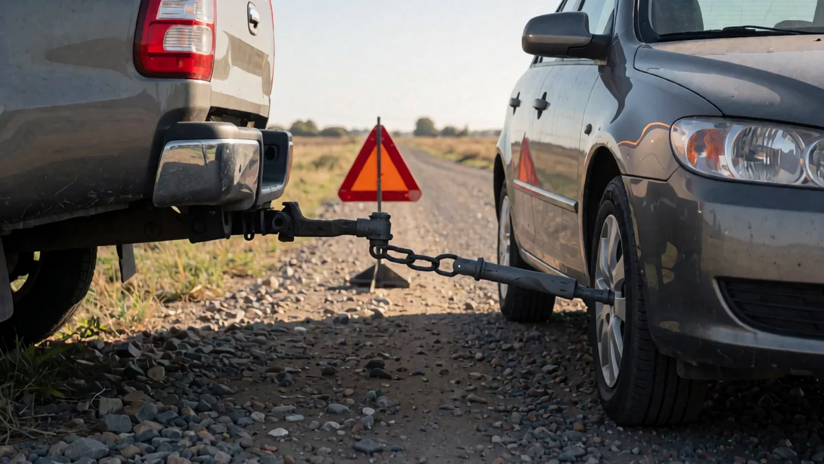 Barra de remolque rígida enganchada entre una camioneta y un sedán en la banquina de ripio de una ruta rural, vista a ras del suelo, con una baliza triangular detrás