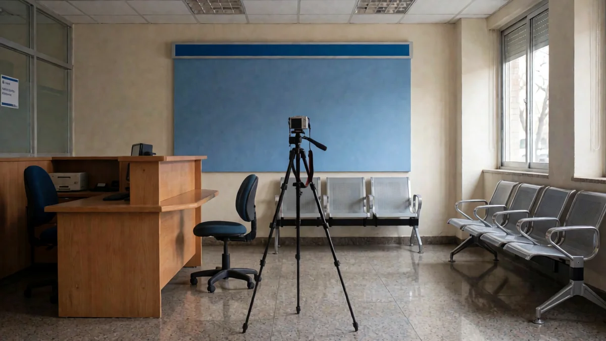 Sala vacía de un centro emisor de licencias con un mostrador, un trípode con cámara frente a un fondo celeste y sillas de espera junto a un ventanal