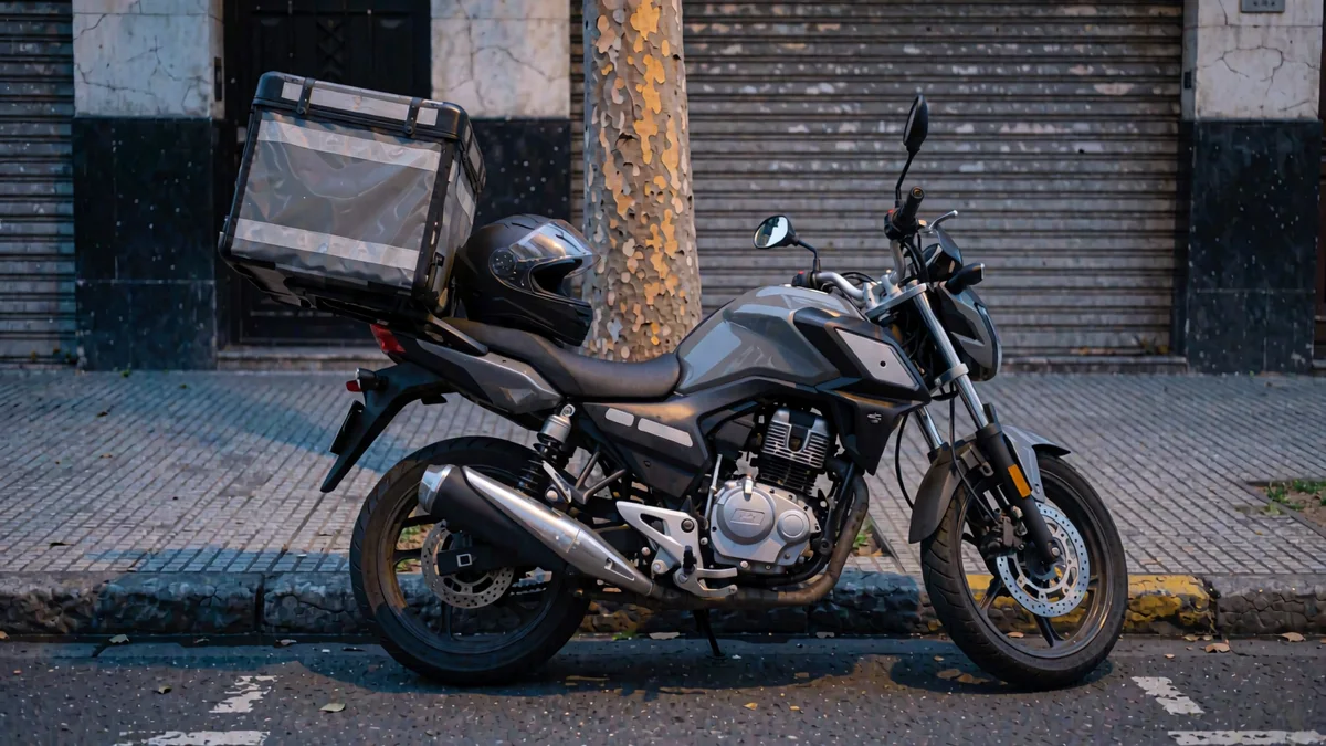 Moto de reparto estacionada junto al cordón de una vereda porteña al anochecer, con caja trasera lisa y bandas reflectivas y un casco sobre el asiento