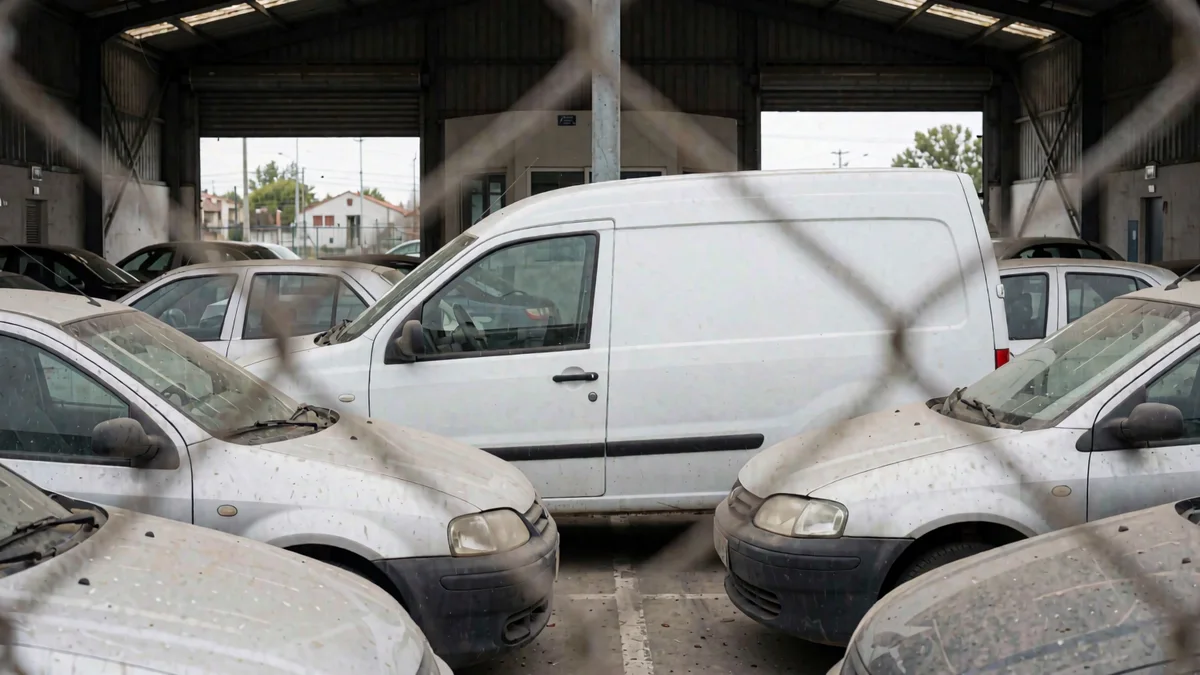Furgón utilitario blanco de perfil en un playón de depósito municipal de ripio, entre autos polvorientos, visto a través de un cerco de alambre