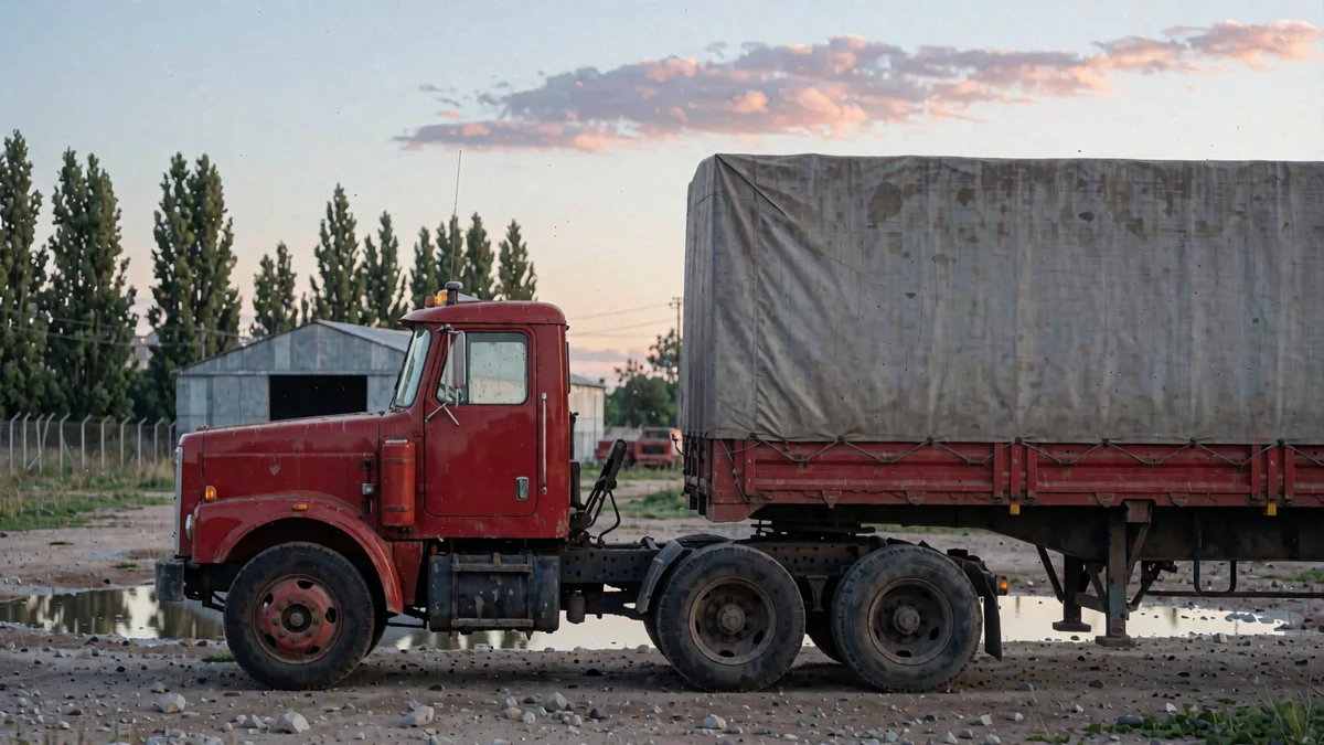 Unidad tractora roja junto a un semirremolque con lona gris, vistos de perfil en un playón de ripio, con un acoplado, un galpón de chapa y eucaliptos al fondo