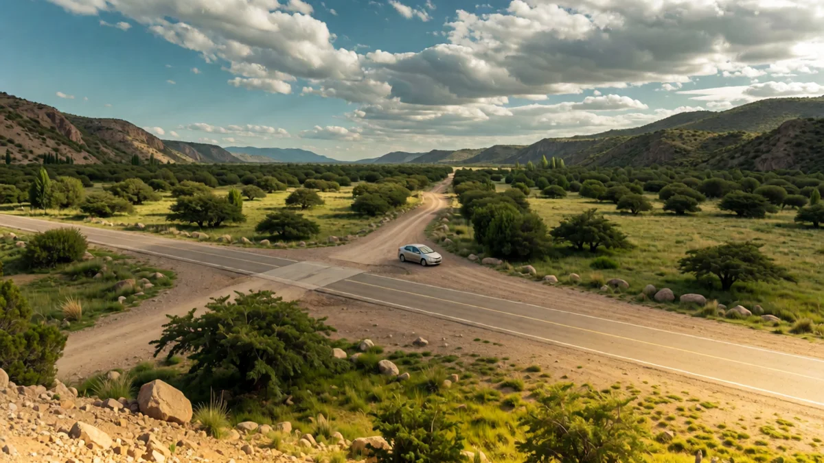 Sedán plateado detenido en la banquina de una ruta que cruza un valle verde del sur de Salta con cerros bajos