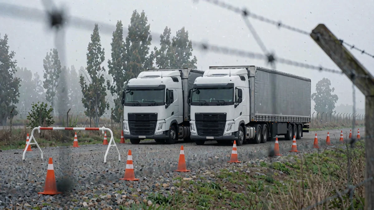 Micro de larga distancia y camión con semirremolque detenidos en un predio de retención de ripio junto a una ruta, vistos a través de un alambrado