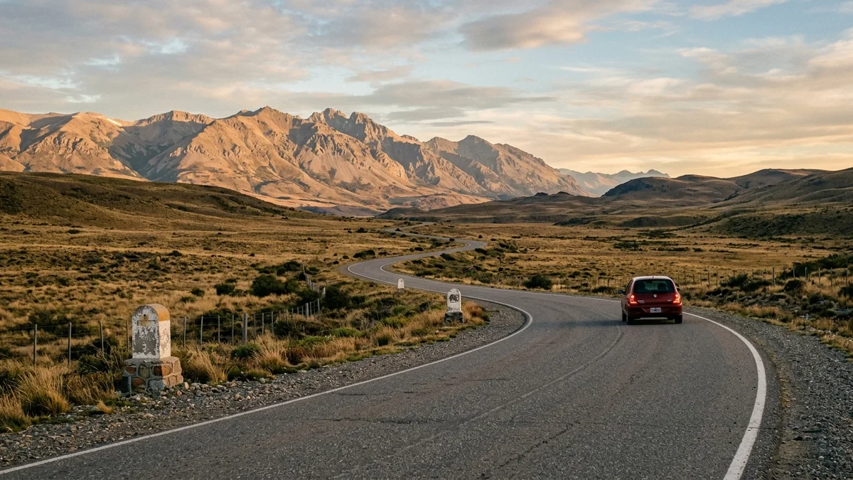 Automóvil viajando por un tramo montañoso y desértico de la Ruta 40 argentina
