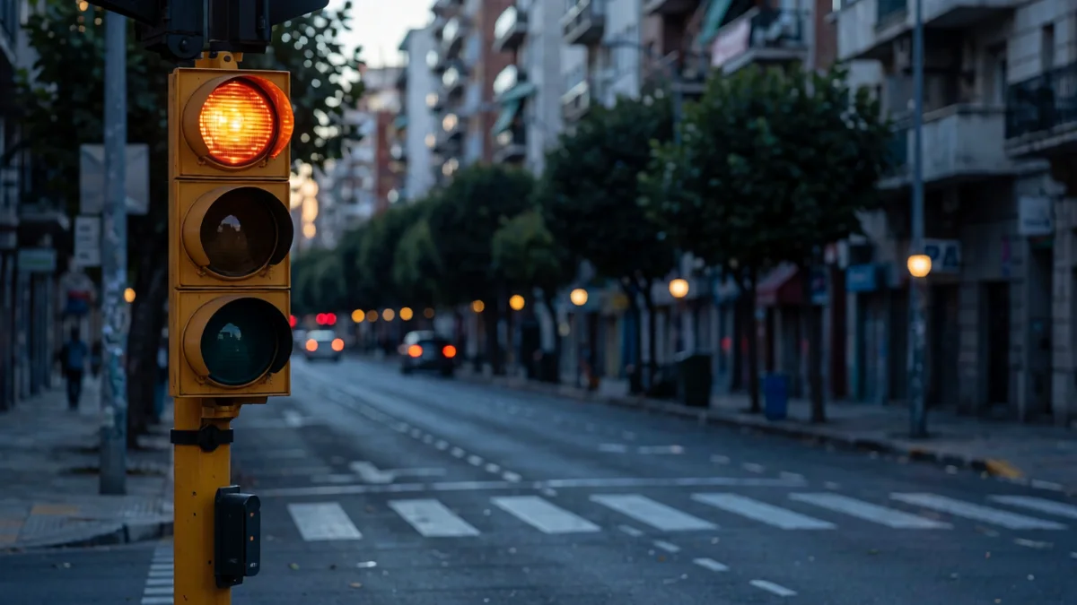 Semáforo de cuerpo amarillo con sólo la luz ámbar encendida sobre una avenida porteña al anochecer, con la senda peatonal desenfocada y el asfalto mojado detrás