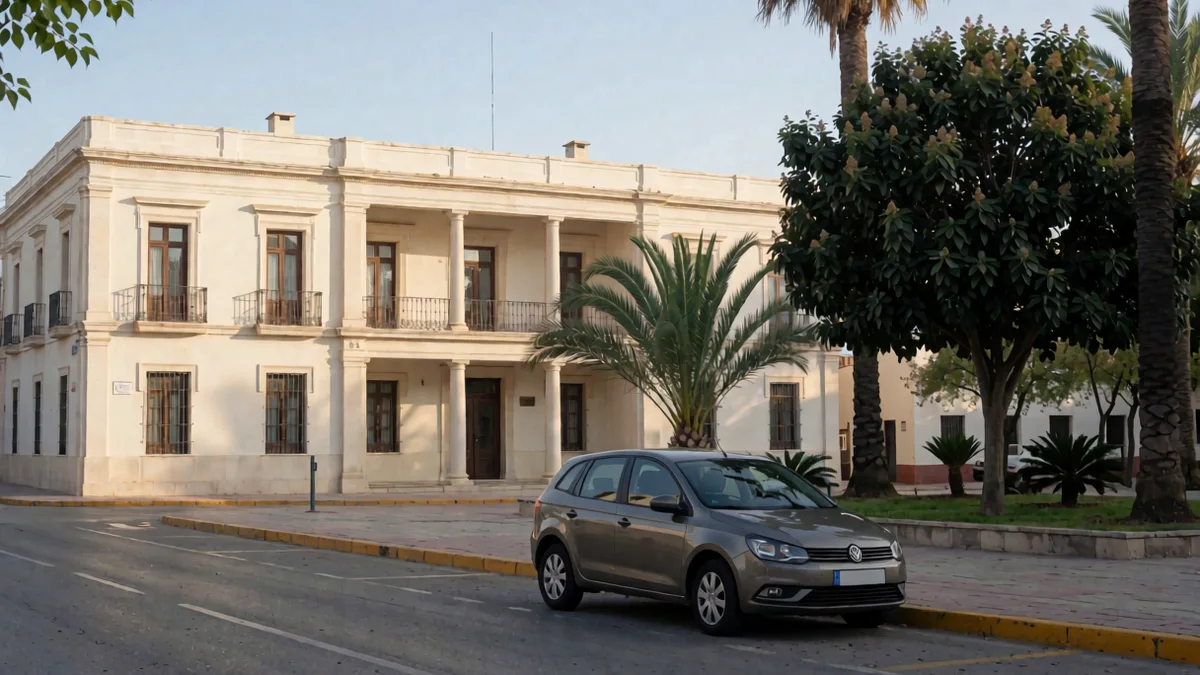 Auto gris estacionado de perfil junto a un cordón amarillo frente a la plaza y el edificio municipal crema de una pequeña ciudad cordobesa