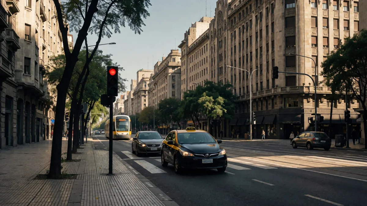 Avenida porteña con carril de colectivos, semáforo en rojo y un taxi detenido detrás de la senda peatonal, separado de un auto.
