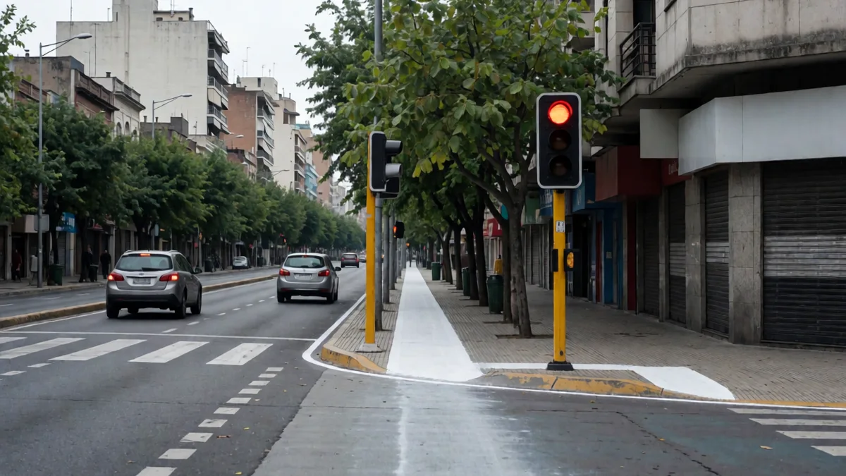 Esquina de una avenida del conurbano con el semáforo en rojo, una senda peatonal blanca y dos autos detenidos.