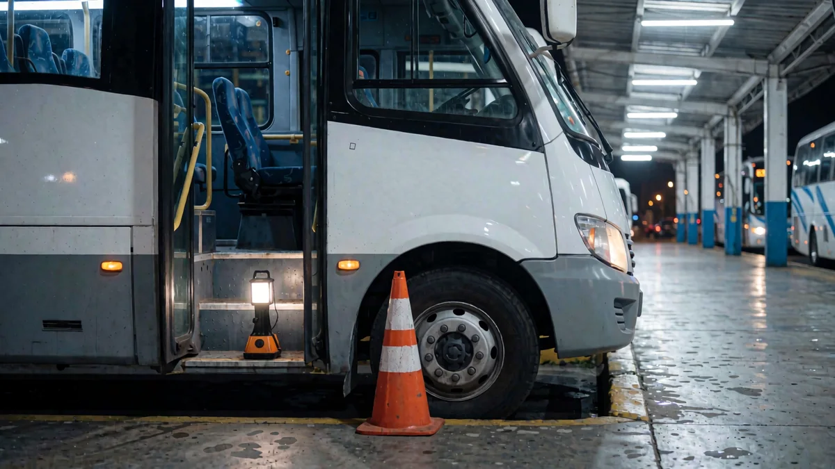 Micro de larga distancia de dos pisos en una dársena de terminal de noche, con la puerta del conductor abierta y una linterna encendida en el escalón