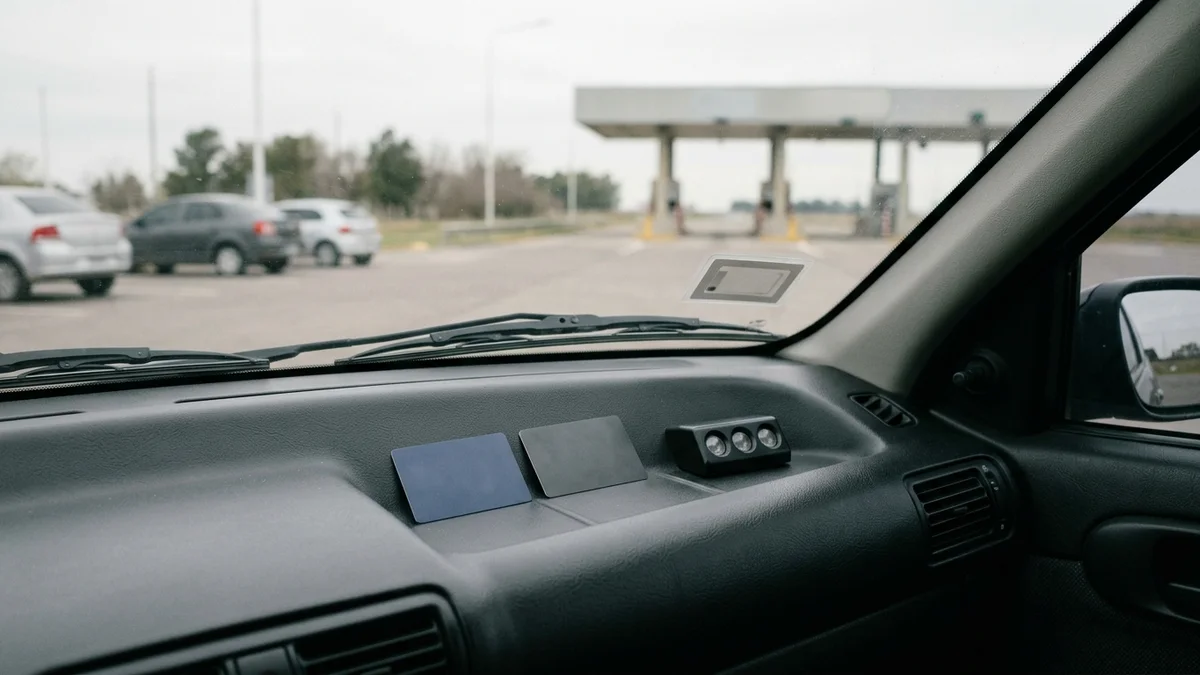 Tag de TelePASE y dos tarjetas sin datos dentro de un auto detenido en un área de servicio