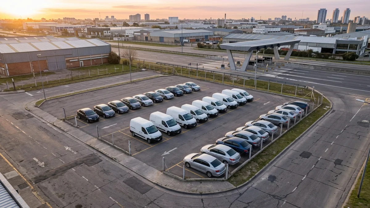 Vehículos corporativos ordenados en sectores de un depósito de flota al amanecer
