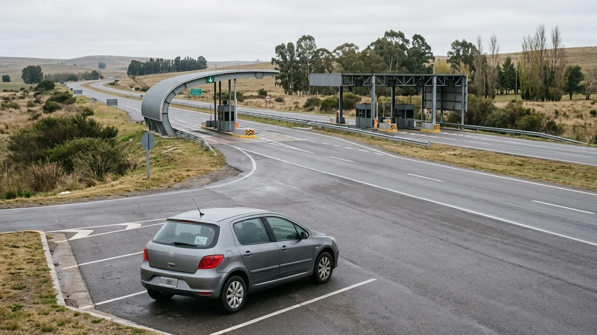 Auto entre dos accesos de peaje diferentes, uno habilitado y otro sin señal, durante un diagnóstico de TelePASE.