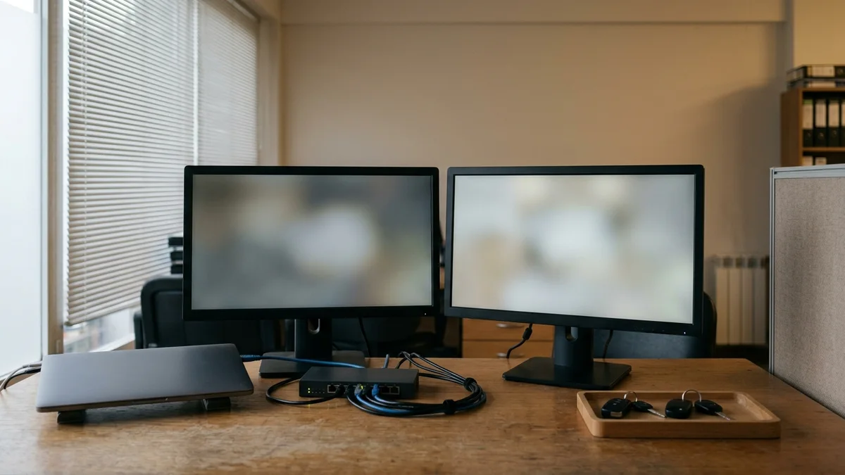 Puesto técnico con dos monitores desenfocados, notebook, equipo de red y llaves de vehículos