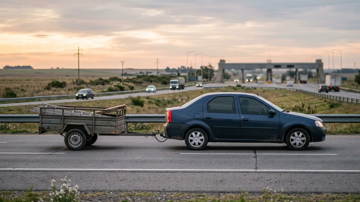 Automóvil con tráiler aproximándose a una estación de peaje argentina