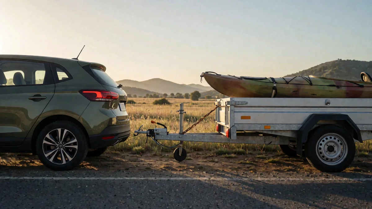 Enganche a rótula con cadena de seguridad entre un auto y un tráiler liviano con un kayak, en la banquina de una ruta serrana al amanecer