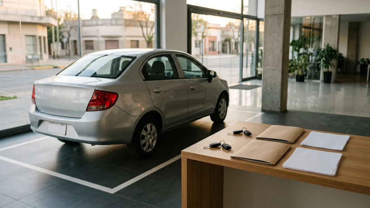 Automóvil en una bahía de entrega junto a llaves y carpetas sin texto