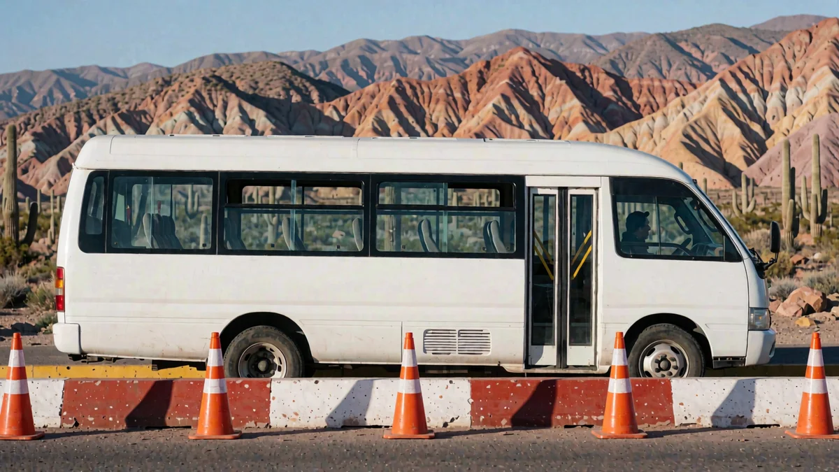 Combi blanca con las puertas cerradas detenida de costado ante una barrera de control y conos naranjas en una ruta de la Quebrada de Humahuaca