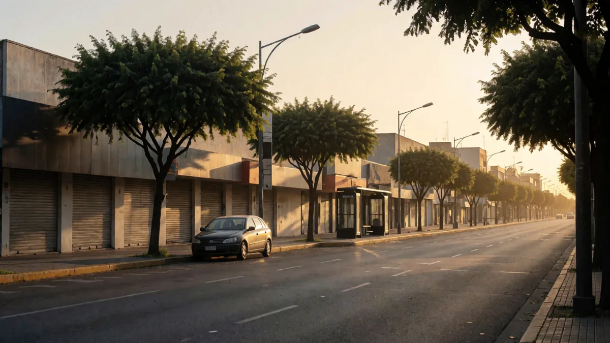 Avenida comercial del conurbano sur a primera hora, con árboles de vereda, persianas cerradas y un auto estacionado junto al cordón.