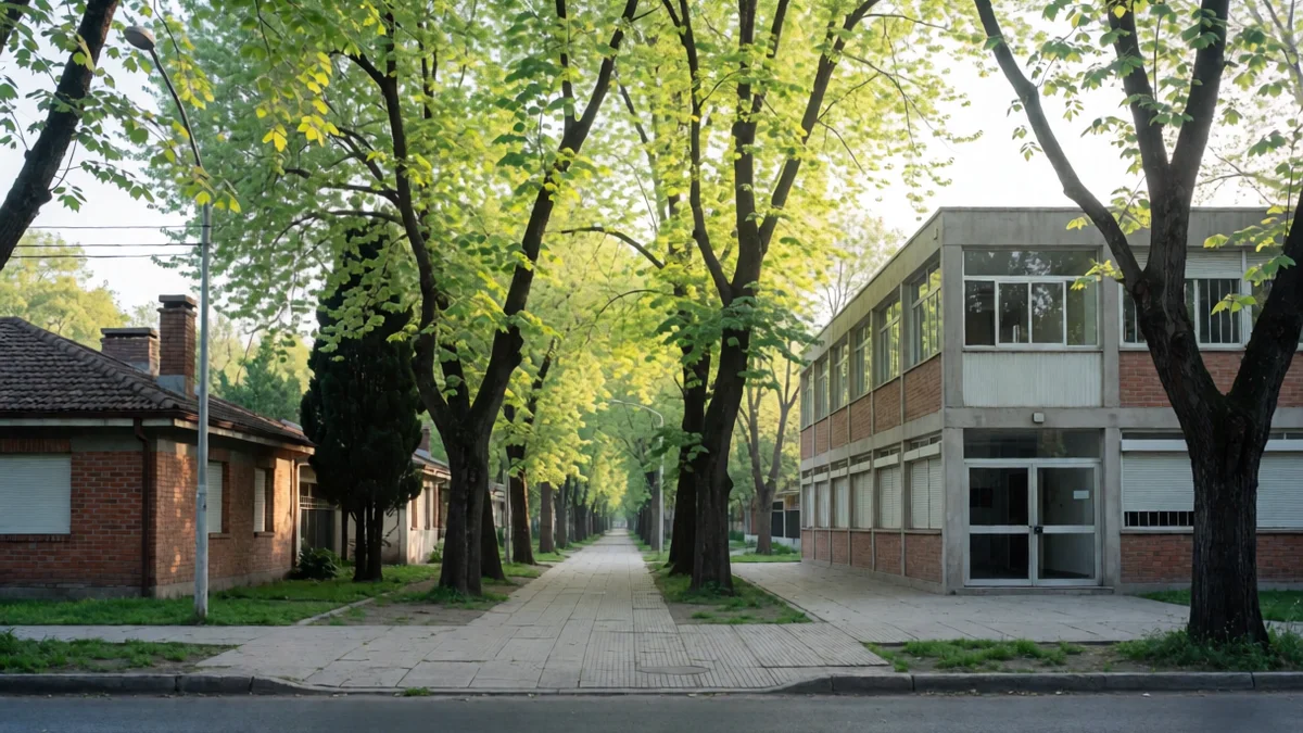 Esquina residencial de Olivos con árboles de vereda añosos y un edificio institucional de dos plantas con la puerta de vidrio cerrada.