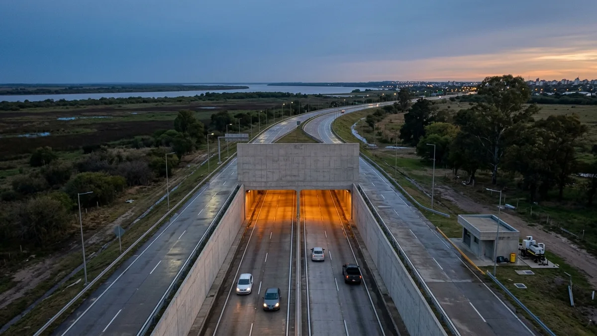 Ingreso al Túnel Subfluvial entre Paraná y Santa Fe al anochecer
