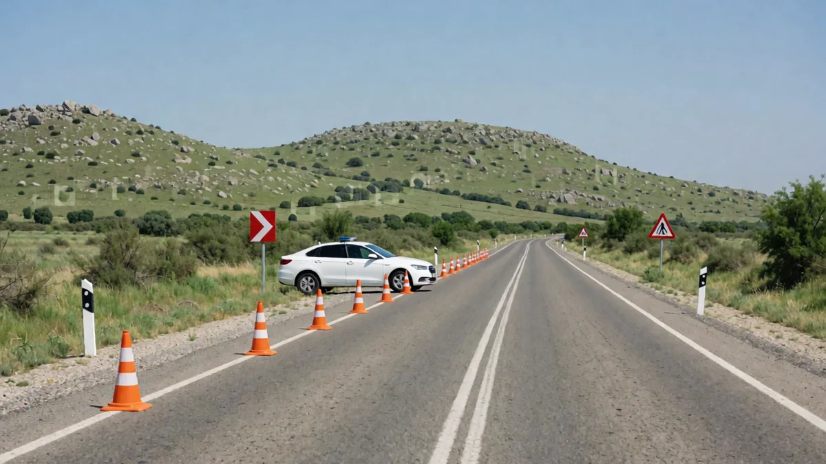 Ruta serrana de Córdoba con conos naranjas en la banquina y un patrullero estacionado sin inscripciones