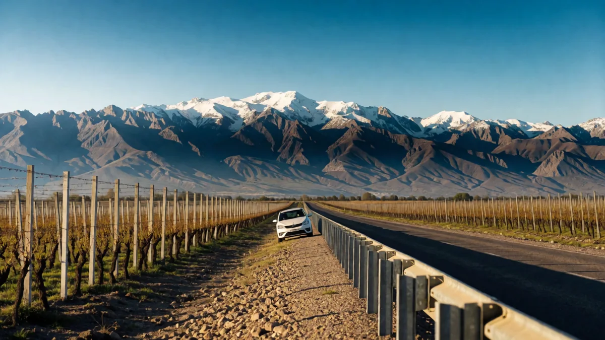 Ruta provincial mendocina entre viñedos con la cordillera nevada al fondo y un auto detenido en la banquina