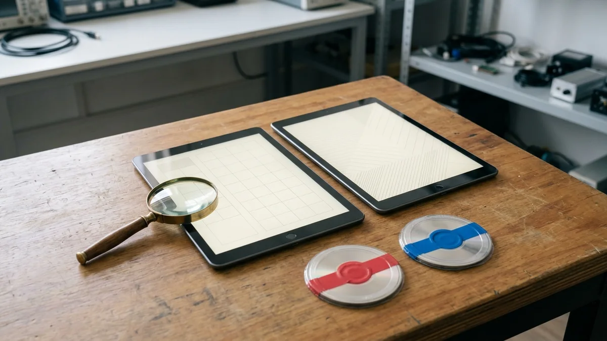 Dos tabletas con versiones abstractas, una lupa y dos discos de almacenamiento de colores