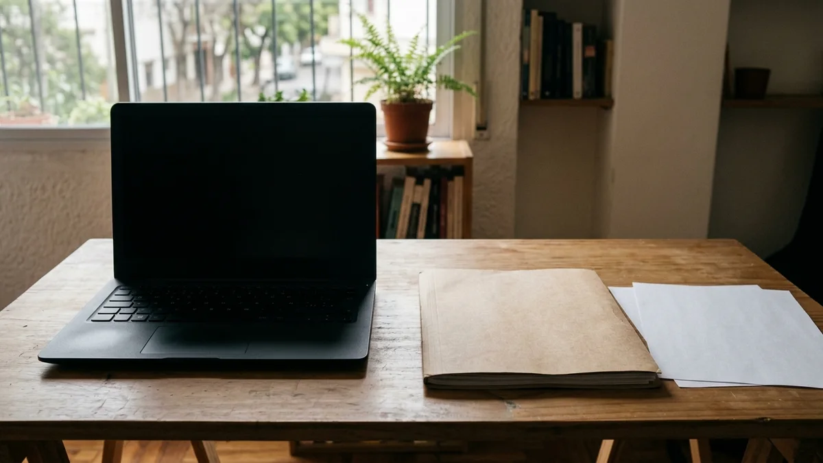 Notebook con pantalla apagada junto a una carpeta y hojas en blanco sobre una mesa