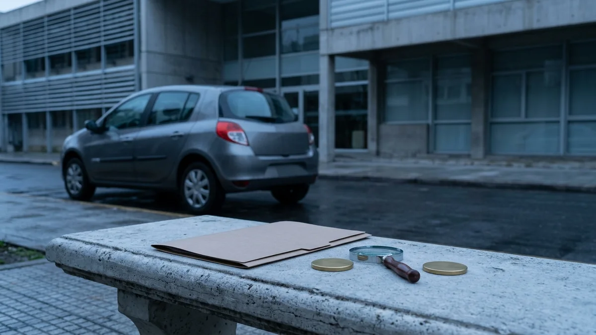 Automóvil frente a un edificio administrativo junto a un comprobante de pago genérico