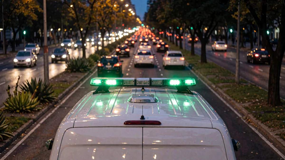 Techo de un furgón sanitario blanco con balizas verdes encendidas en una avenida arbolada al anochecer, con autos corridos hacia la derecha