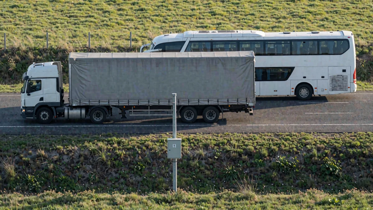 Camión con semirremolque y ómnibus de larga distancia de perfil en una autopista pampeana, junto a un poste con una caja de control de velocidad
