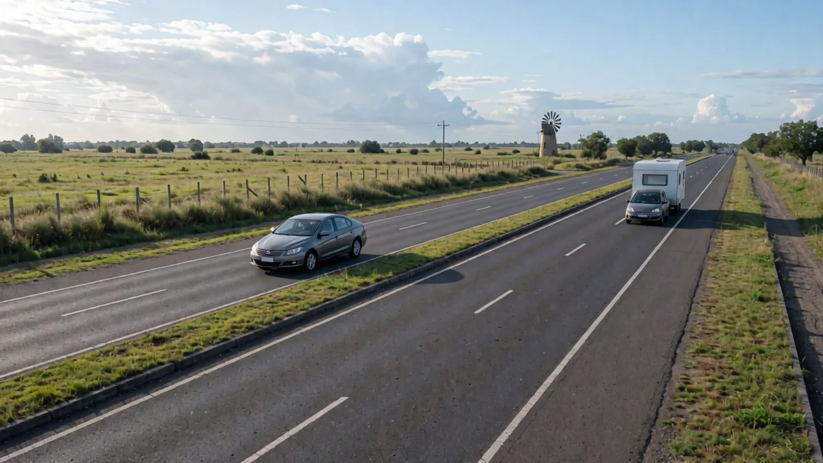 Autopista de dos calzadas en la llanura pampeana vista desde arriba, con un sedán en el carril izquierdo y un auto que remolca una casa rodante