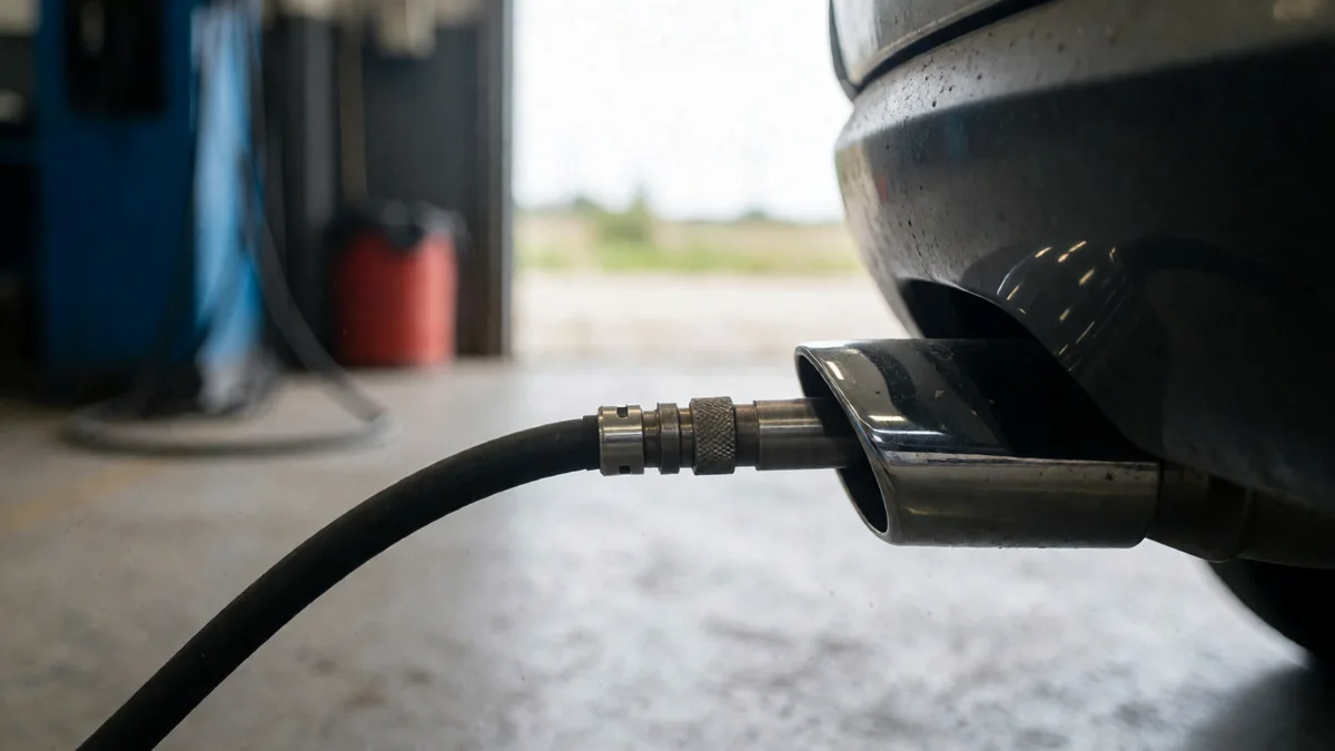 Sonda de análisis de gases en el caño de escape de un auto dentro de una planta de verificación con luz de campo al fondo.