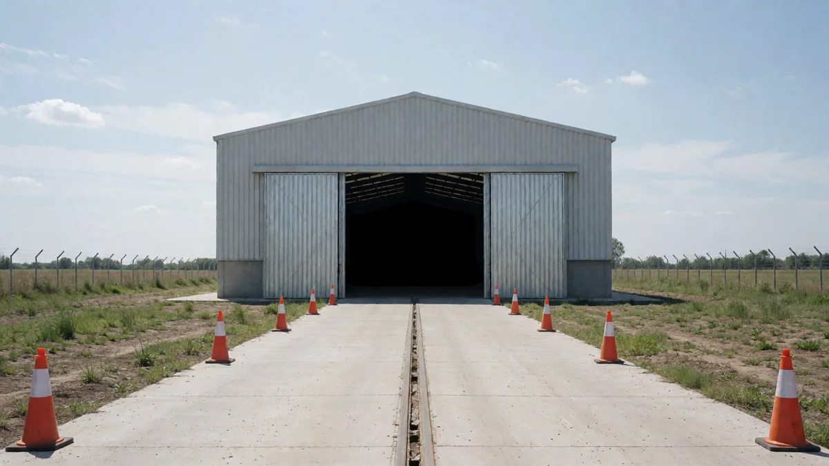 Portón de chapa abierto de una planta de verificación técnica con conos en el carril de acceso y campo abierto alrededor.